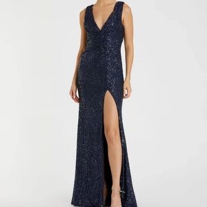 Mac Duggal Navy V-Neck Sequin Wrap Waist Gown